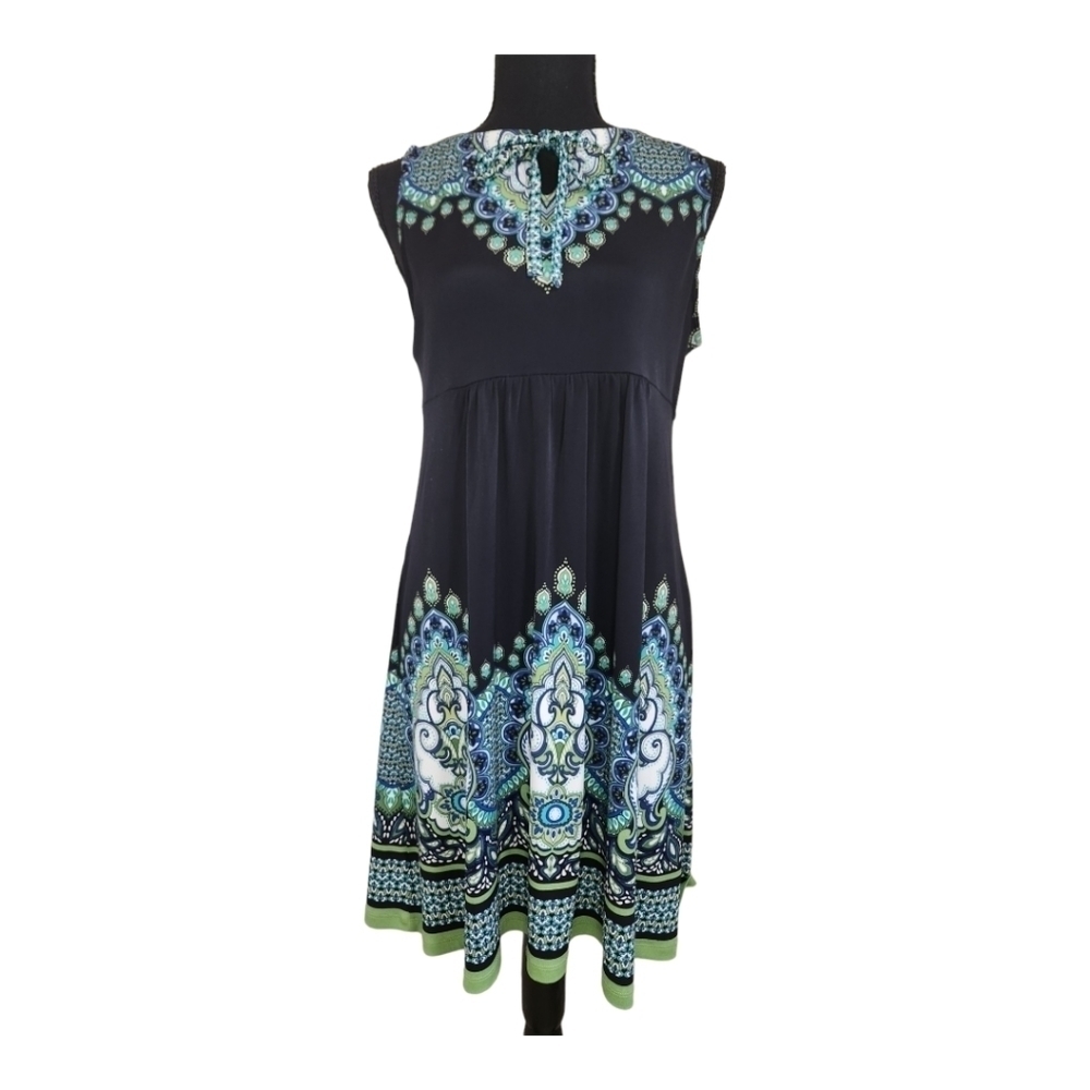 APT 9 sleeveless A-line geometric print midi dress blue green black size MP
